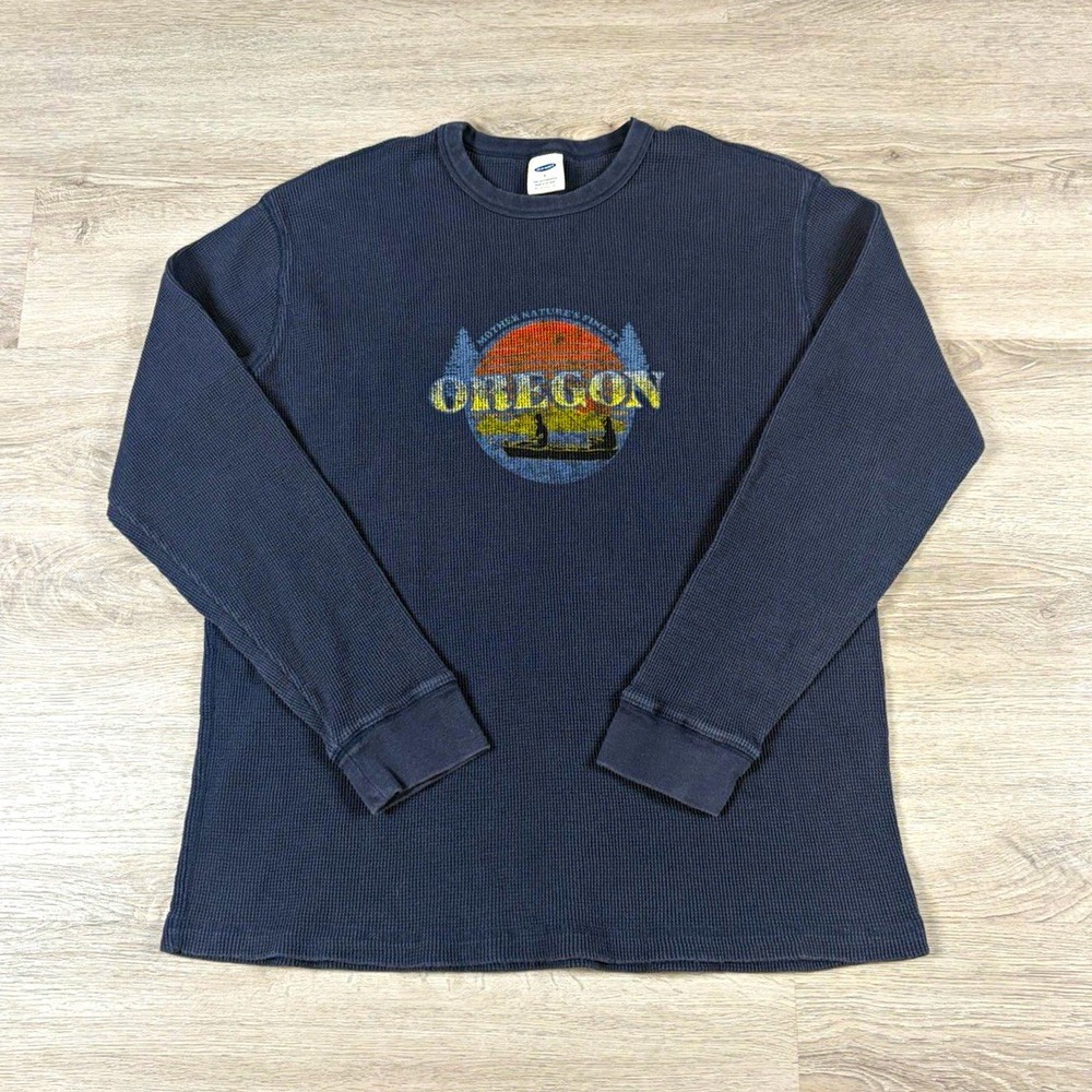 Vintage Old Navy Mens Oregon Waffle Knit Crew Neck Long Sleeve Shirt Y2K Grunge